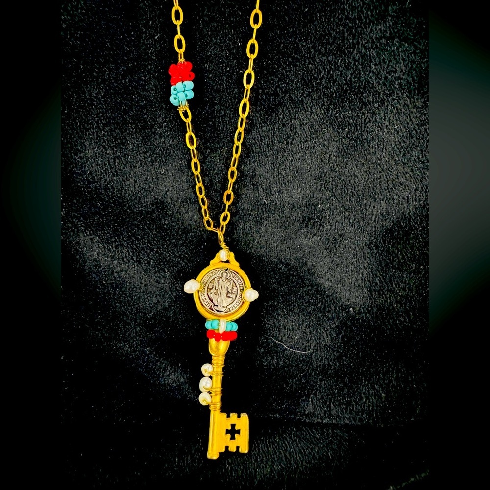 St. Benedict Key Pendant Necklace – Red Cord & Gold Chain
